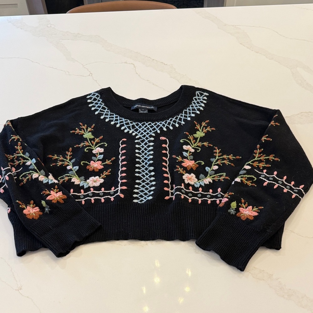 French Connection Sweater with Cream Lattice Embroidery